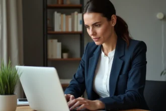 Femme professionnelle accédant à une messagerie Zimbra depuis son domicile sur un ordinateur portable