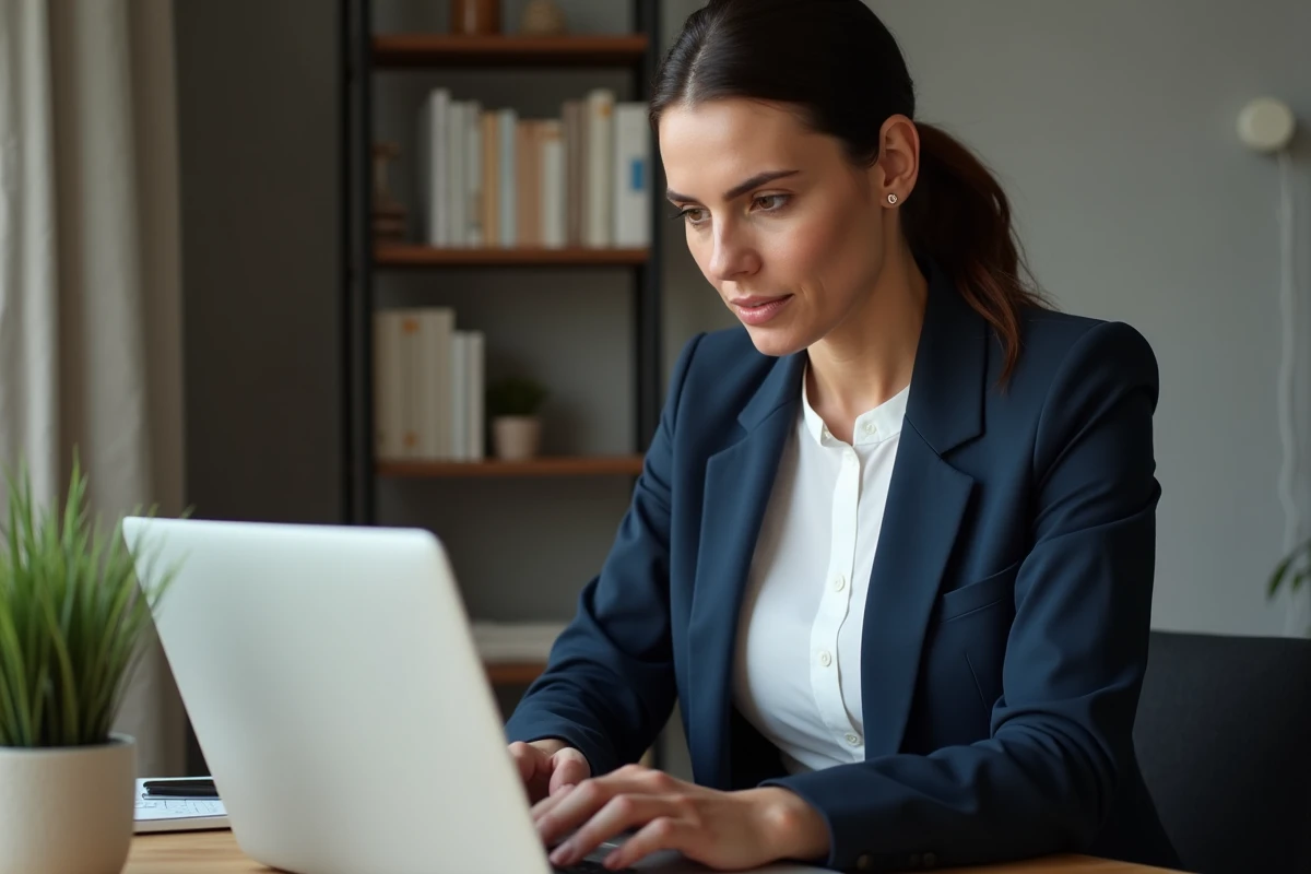 Femme professionnelle accédant à une messagerie Zimbra depuis son domicile sur un ordinateur portable