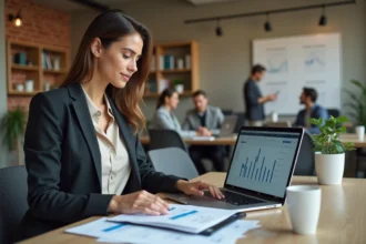 Femme entrepreneur analysant des documents d'accompagnement startup dans un espace de coworking moderne