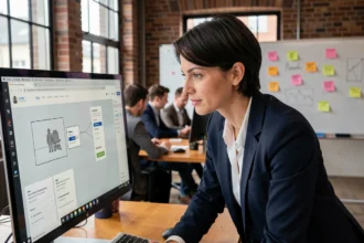 Conceptrice web dans une agence numérique du Pas-de-Calais travaillant sur un projet de site internet