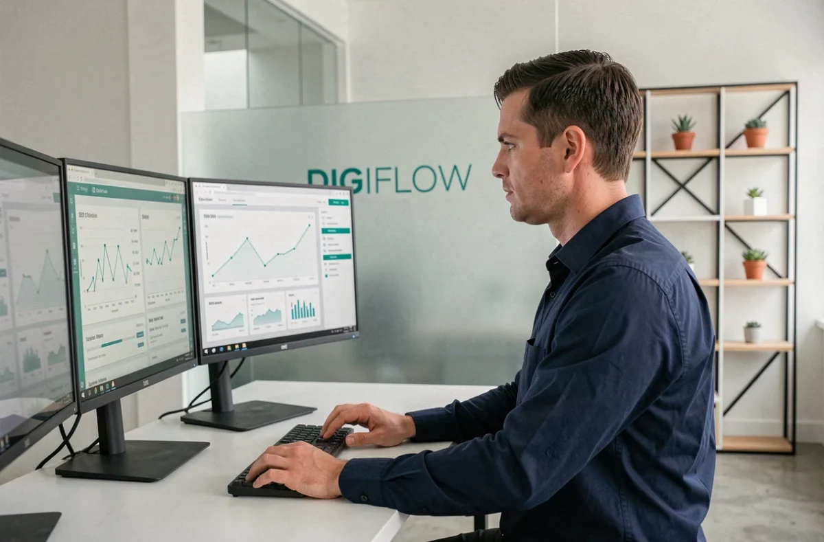 Stratège digital de l'agence Digiflow analysant des performances SEO sur un bureau moderne en Seine-Maritime