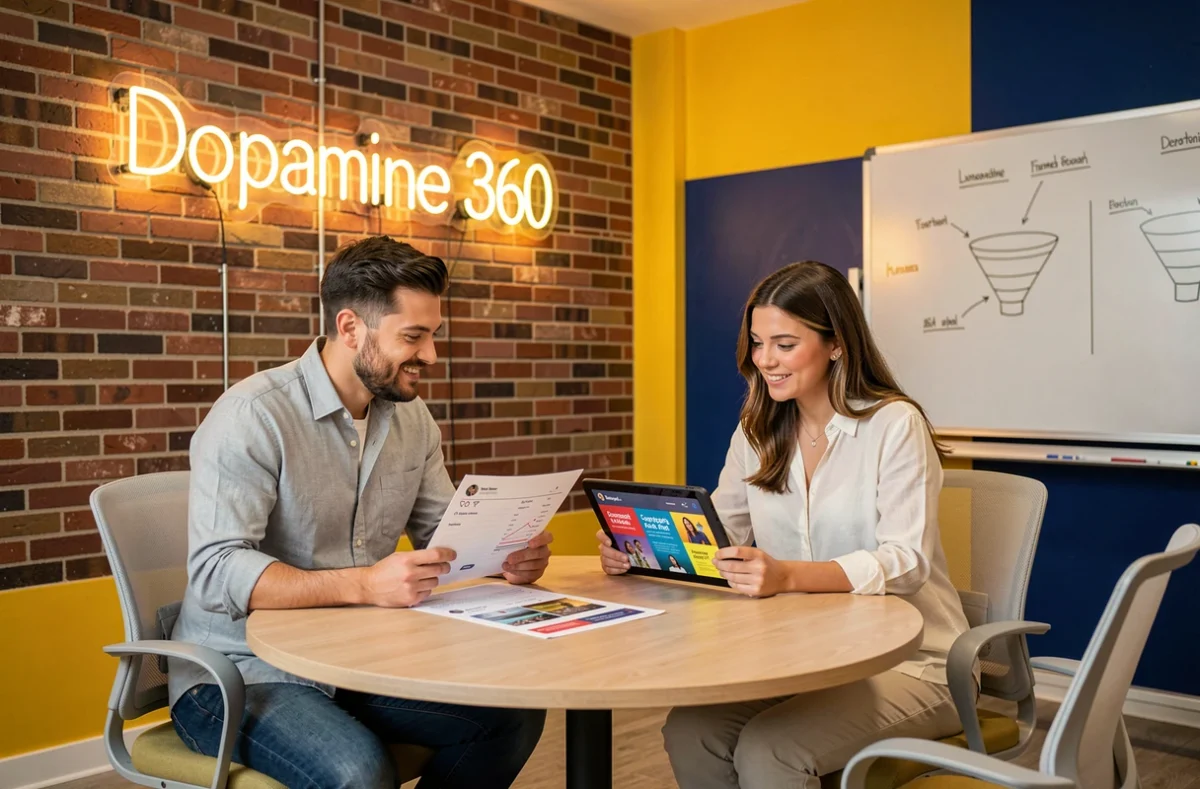 Équipe de l'agence Dopamine 360 en réunion stratégique autour de campagnes publicitaires digitales