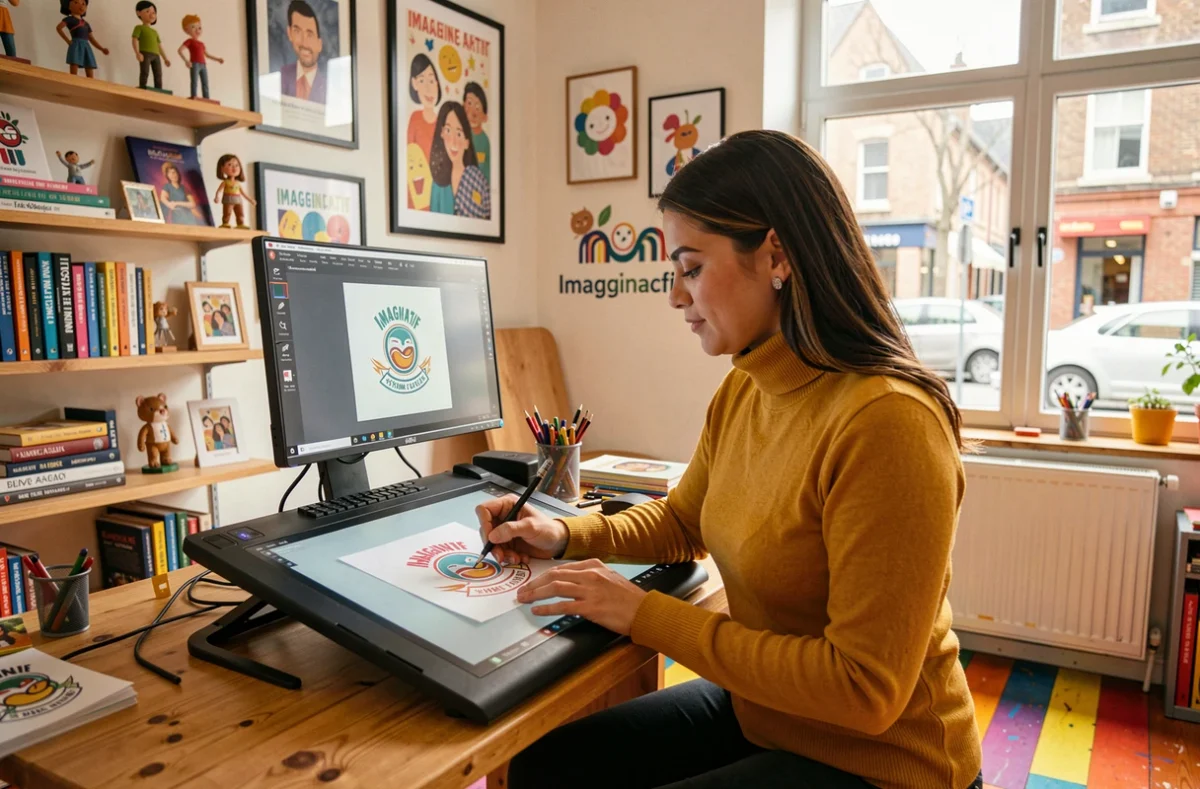 Designer graphique d'Imaginactif créant une identité visuelle dans un studio créatif coloré en Seine-Maritime