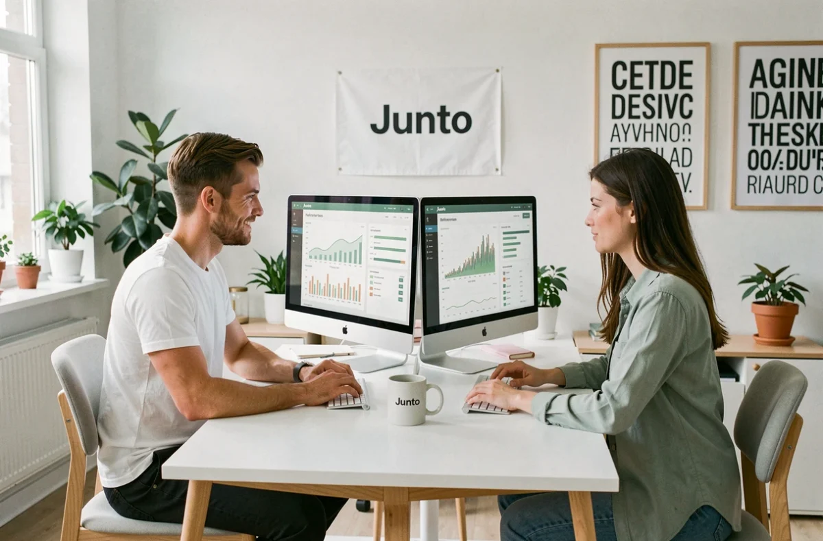 Équipe de l'agence Junto analysant des tableaux de bord de performance dans un bureau minimaliste scandinave