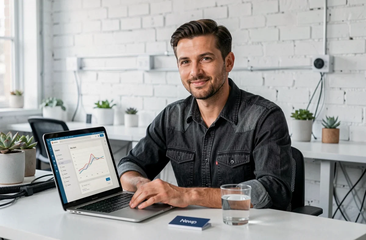 Stratège web de l'agence Newp effectuant un audit de site dans un espace de travail moderne et épuré