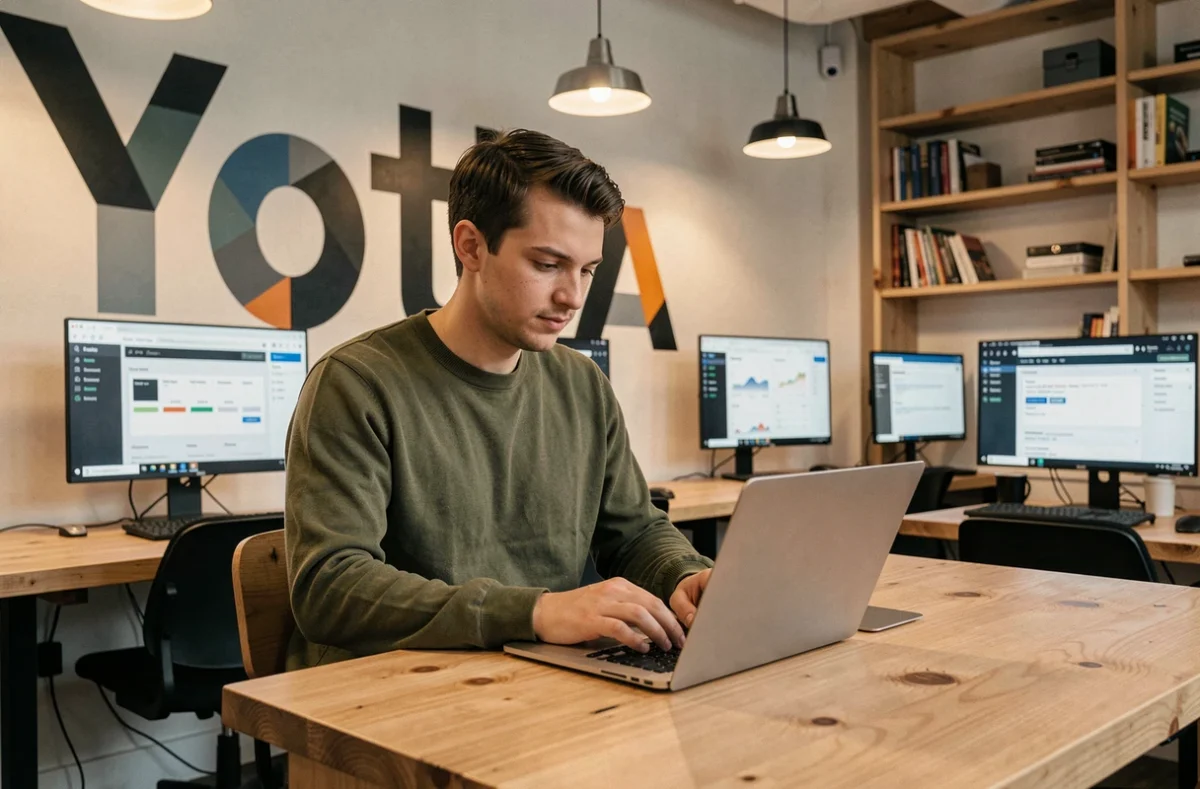 Développeur de l'agence Yota codant dans un espace de travail moderne avec une murale typographique distinctive