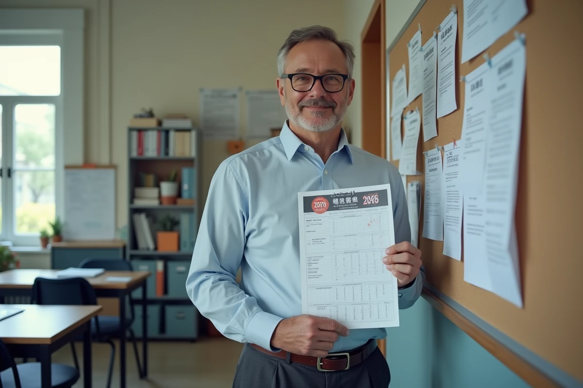 Agent éducatif affiche le calendrier 2026 dans son bureau