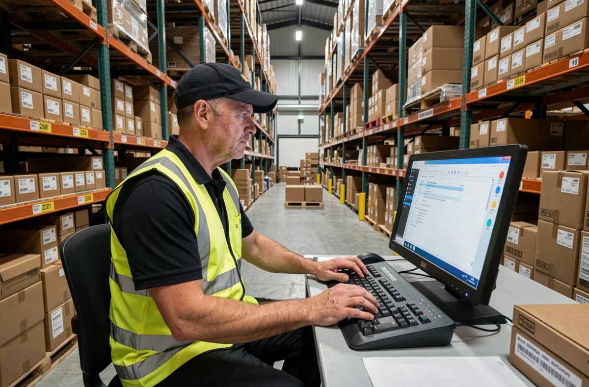Agent logistique saisissant des informations de livraison dans un entrepôt de tri de colis pour optimiser le service d'avisage client