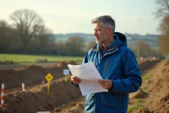Agent municipal français avec documents sur chantier rural