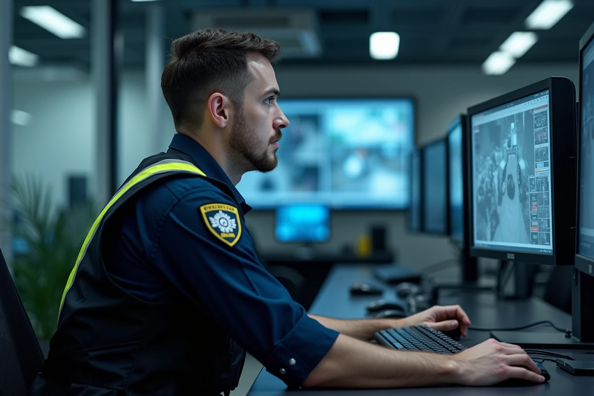Agent de securite surveillant des ecrans dans une salle de controle