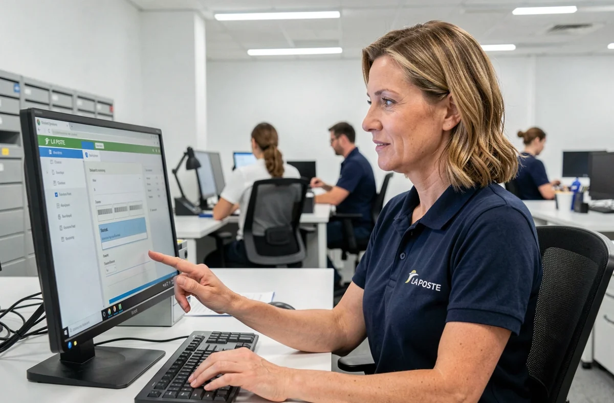 Agente La Poste connectée à l'extranet GTm sur son ordinateur de bureau dans un bureau de tri moderne
