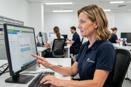 Agente La Poste connectée à l'extranet GTm sur son ordinateur de bureau dans un bureau de tri moderne