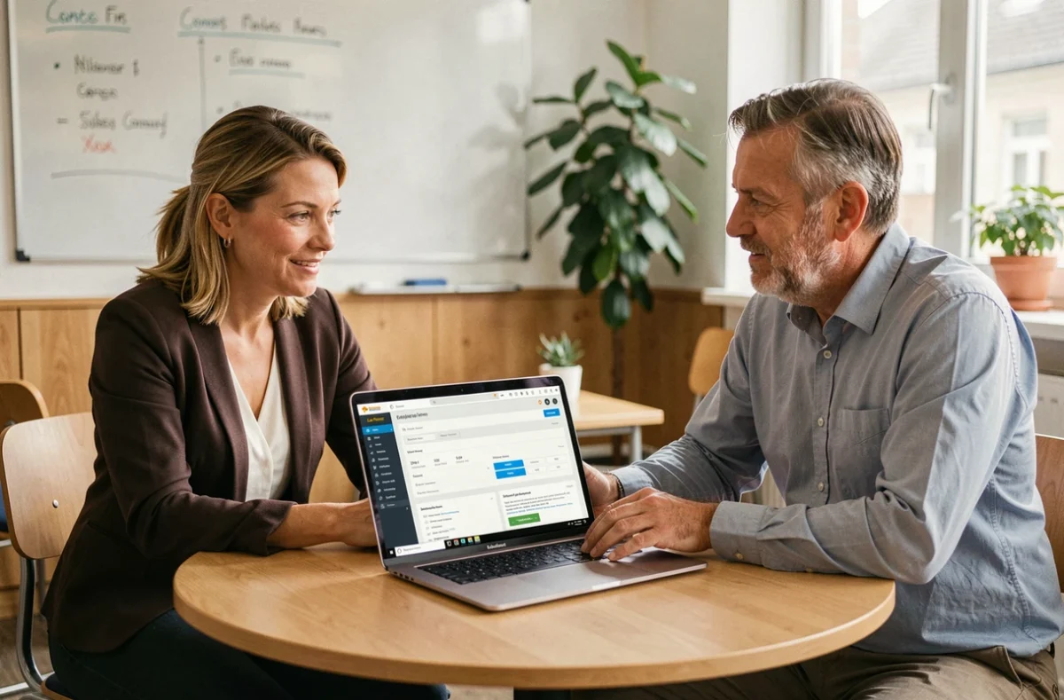 Deux agents La Poste consultant ensemble l'extranet GTm sur un ordinateur portable lors d'une réunion informelle