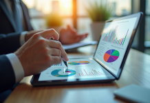 Professionnel d'affaires analysant des graphiques colorés sur une tablette moderne