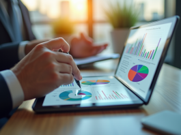 Valeur d’un segment de marché : déterminer le facteur clé pour optimiser Professionnel d'affaires analysant des graphiques colorés sur une tablette moderne