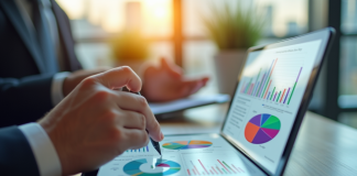 Professionnel d'affaires analysant des graphiques colorés sur une tablette moderne