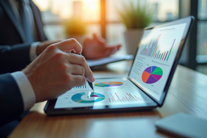 Professionnel d'affaires analysant des graphiques colorés sur une tablette moderne