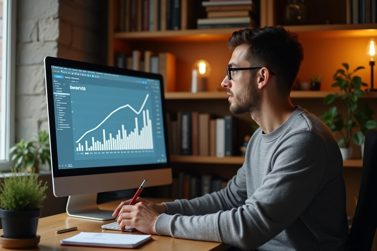 Jeune professionnel qui analyse l'évolution de son salaire contractuel sur un graphique affiché à l'écran dans son bureau à domicile