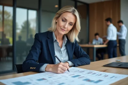 Professionnelle en réunion analysant un organigramme des rôles et responsabilités avec PROROLE