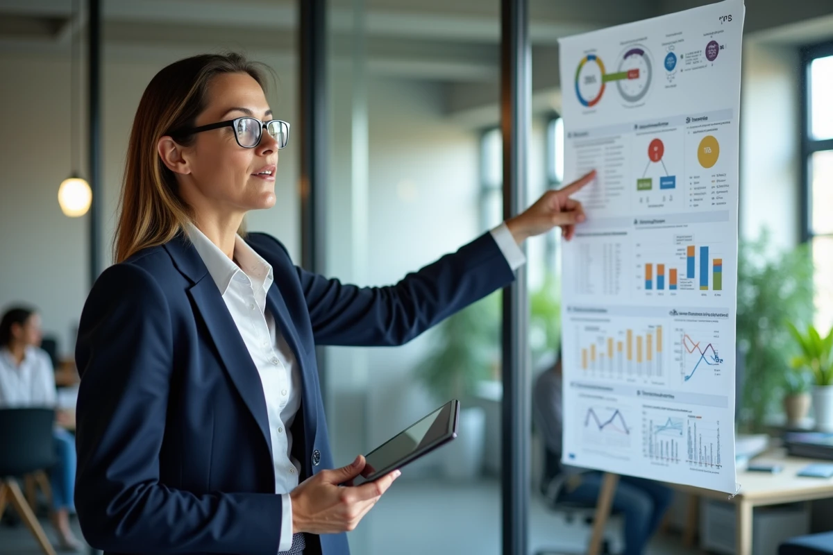 Professionnelle en entreprise analysant un organigramme de structure de sociétés et des signaux de risques dans un bureau moderne