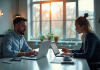 Deux professionnels analysant le marketing digital dans un bureau lumineux