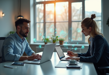 Deux professionnels analysant le marketing digital dans un bureau lumineux