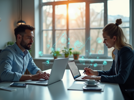 Deux professionnels analysant le marketing digital dans un bureau lumineux