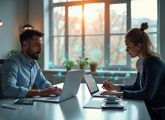 Marketing digital vs marketing numérique : différences, explications et impacts Deux professionnels analysant le marketing digital dans un bureau lumineux