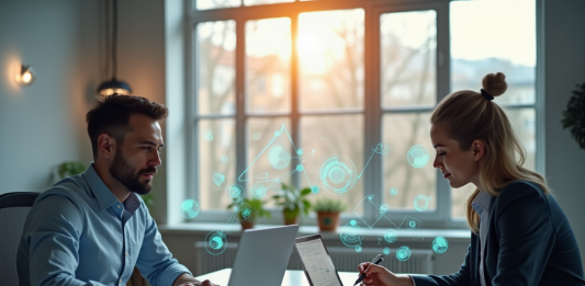 Marketing digital vs marketing numérique : différences, explications et impacts Deux professionnels analysant le marketing digital dans un bureau lumineux