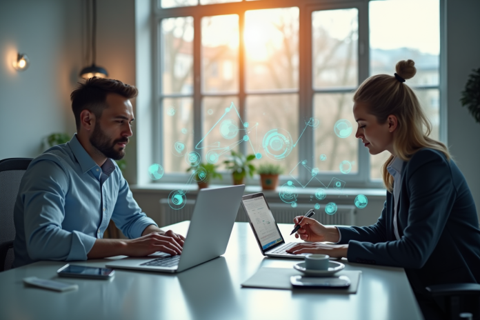 Deux professionnels analysant le marketing digital dans un bureau lumineux
