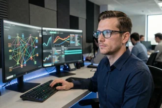Analyste cybersécurité comparant deux solutions de visibilité réseau sur des écrans de supervision dans un centre opérationnel
