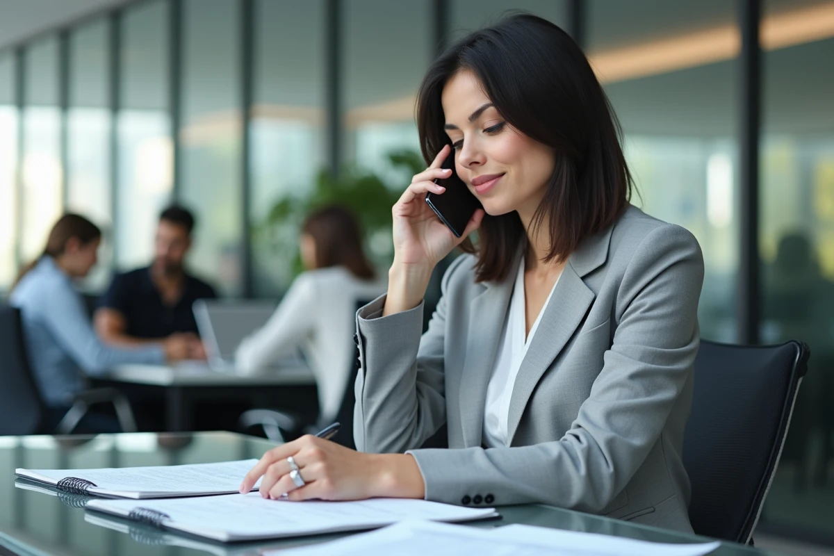 Femme cadre au téléphone consultant des documents Urssaf dans un bureau en open space moderne