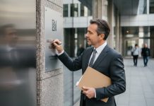 Plaques réglementées : panorama des exigences selon les professions Architecte en costume étudiant une plaque métallique urbaine