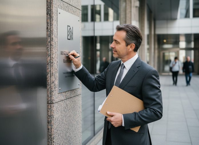 architect-plaques-urbain Architecte en costume étudiant une plaque métallique urbaine