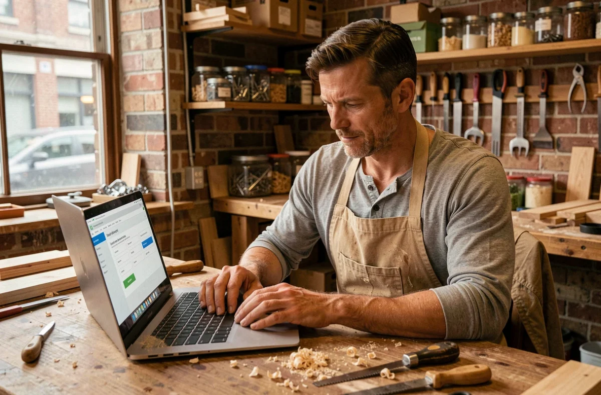 Artisan menuisier consultant un site d'inscription en ligne depuis son atelier en 2026