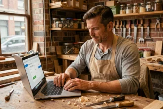 Artisan menuisier consultant un site d'inscription en ligne depuis son atelier en 2026