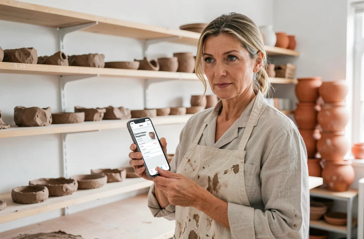 Artisane céramiste utilisant son smartphone pour s'inscrire sur une plateforme artisanale en 2026