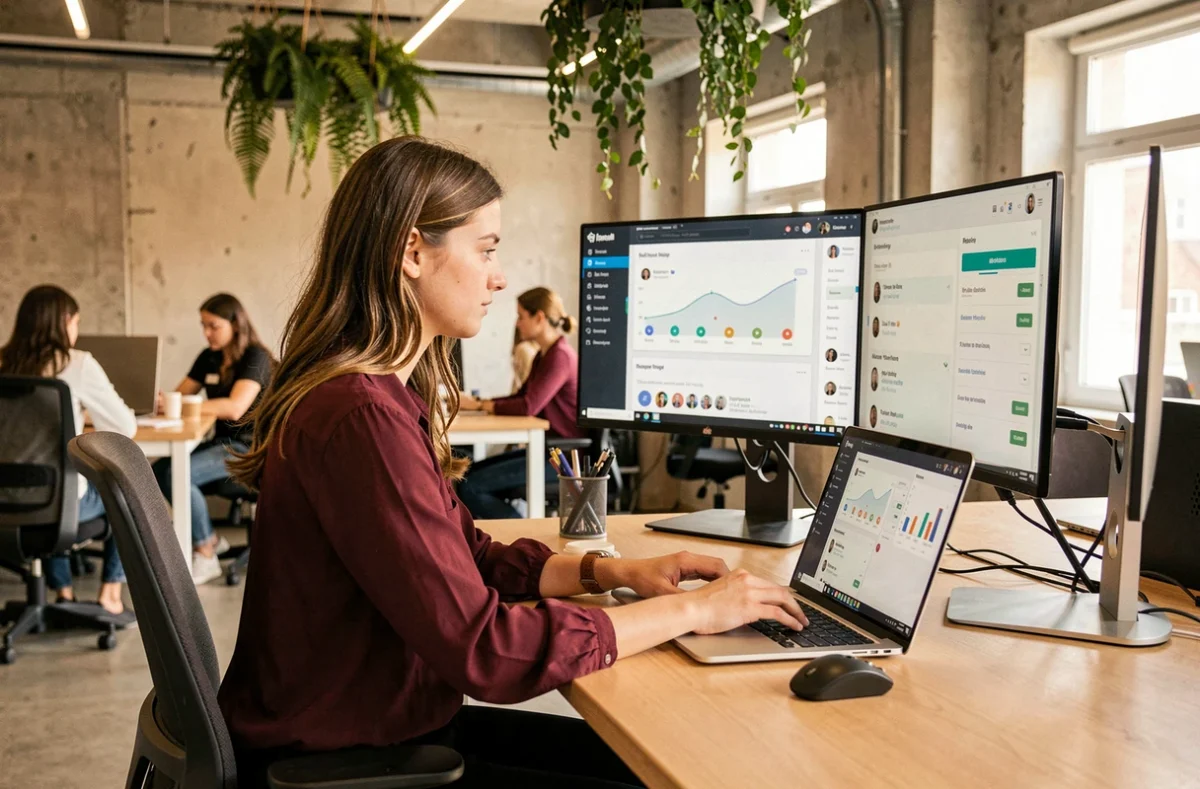 Consultante d'Artur'In gérant la réputation en ligne et la présence digitale d'entreprises locales depuis un espace de coworking moderne