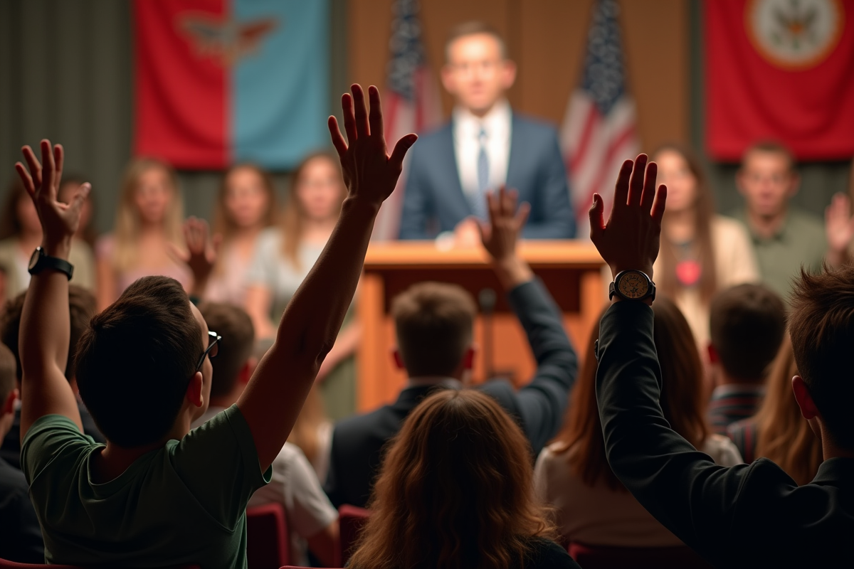 Réunion publique avec un officiel parlant devant un public engagé