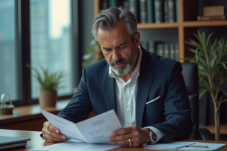 Avocat en costume bleu lisant un document juridique