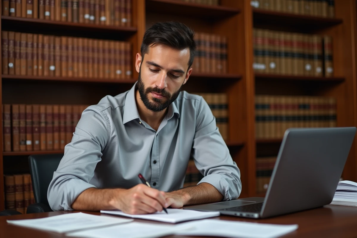 Avocat concentré prenant des notes dans une bibliothèque juridique entourée de livres de droit et de dossiers