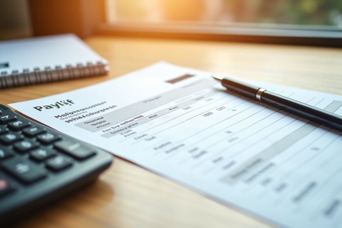 Bulletin de salaire sur un bureau en bois lumineux