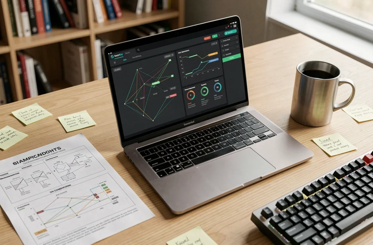 Vue plongeante d'un bureau avec ordinateur portable affichant un tableau de bord de cybersécurité et un document de comparaison technique entre deux solutions de visibilité