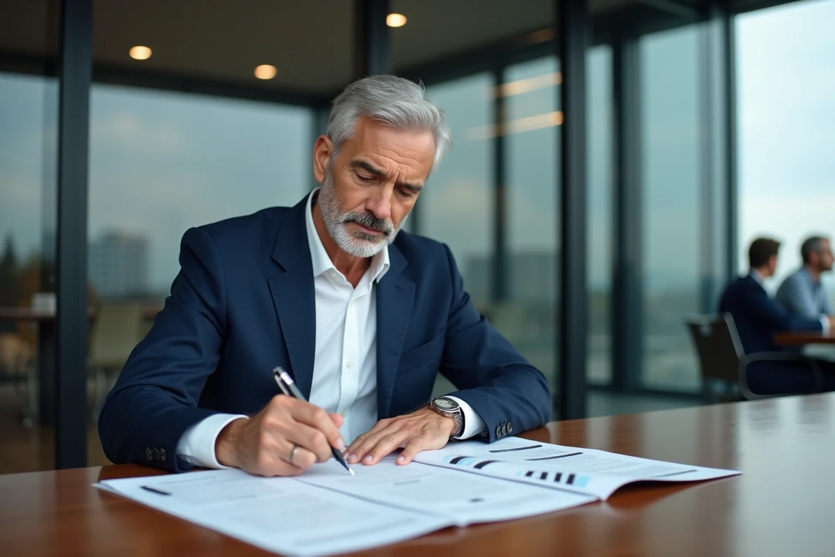Cadre senior consultant quinquagénaire en costume marine analysant des rapports dans une salle de réunion moderne avec vue urbaine