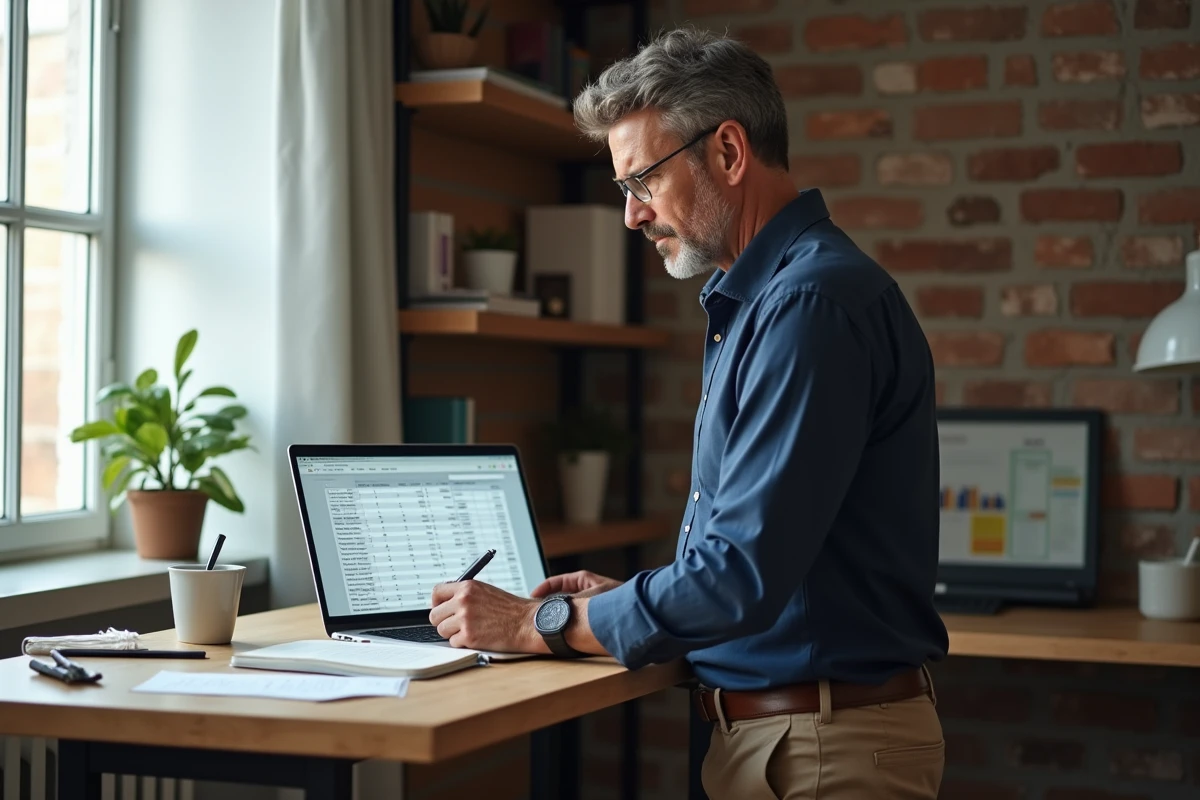 Homme en télétravail calculant les 151.67 heures mensuelles sur tableur pour adapter un contrat de travail
