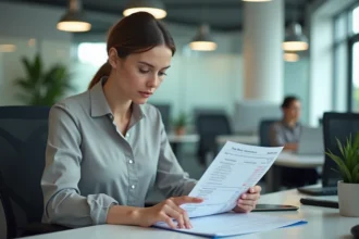 Femme au bureau analysant un planning de calcul des heures de travail mensuelles pour contrat temps partiel et temps plein