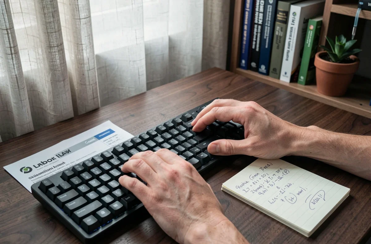 Calcul manuscrit des indemnités de congés payés sur un bureau avec bulletin de salaire et clavier