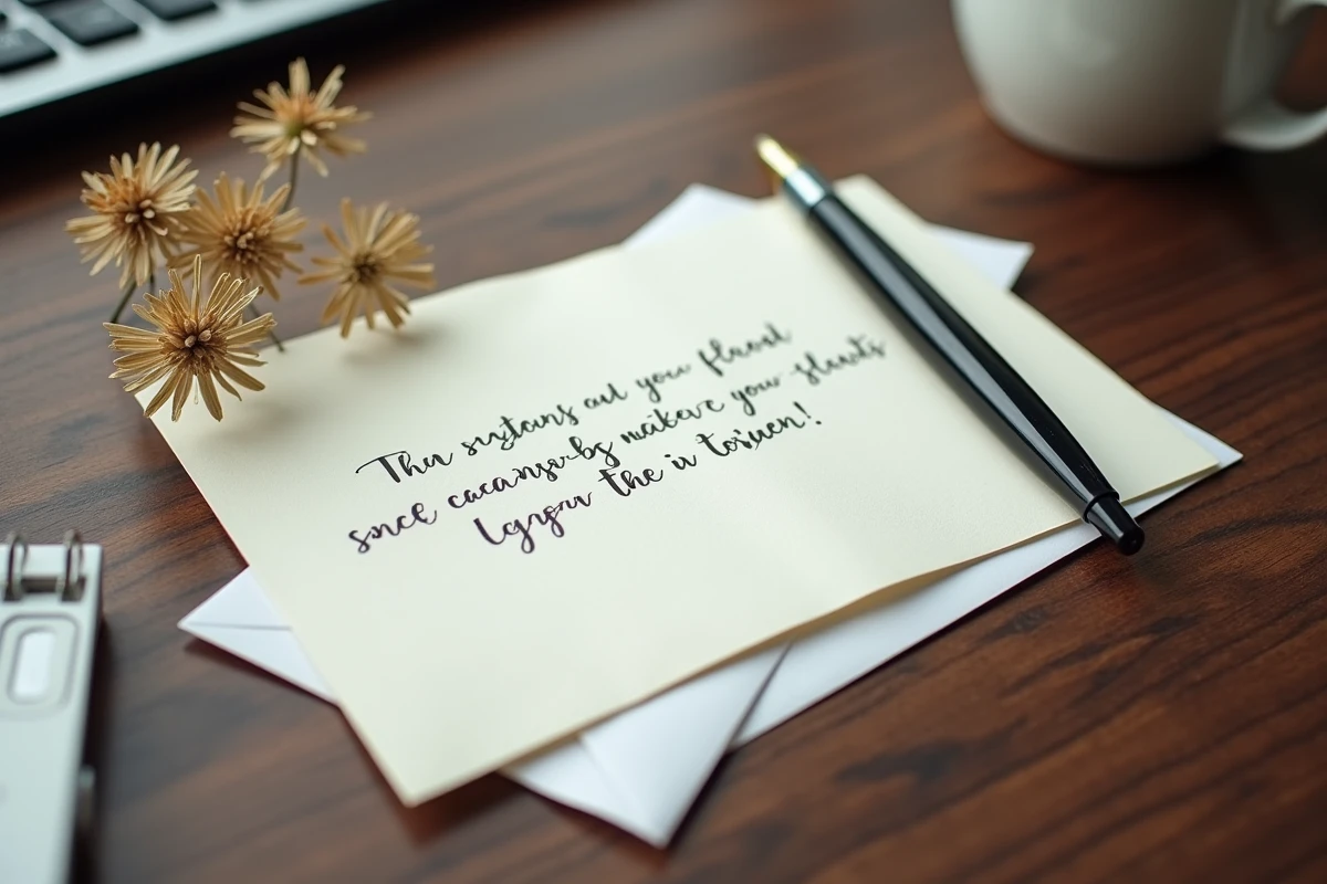 Carte de condoléances manuscrite sur un bureau avec stylo plume et enveloppe blanche