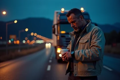 Conducteur de camion la nuit sur l'autoroute calme
