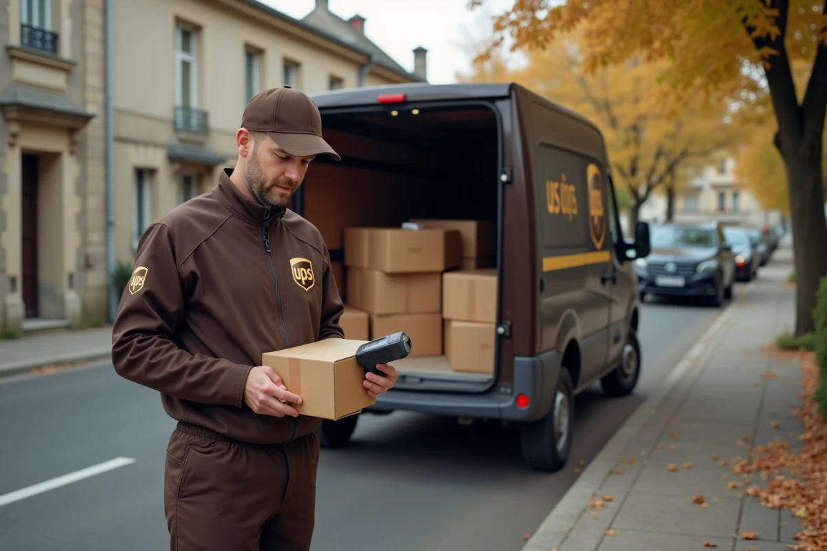 Chauffeur UPS scannant un colis de retour Amazon dans une rue résidentielle en France